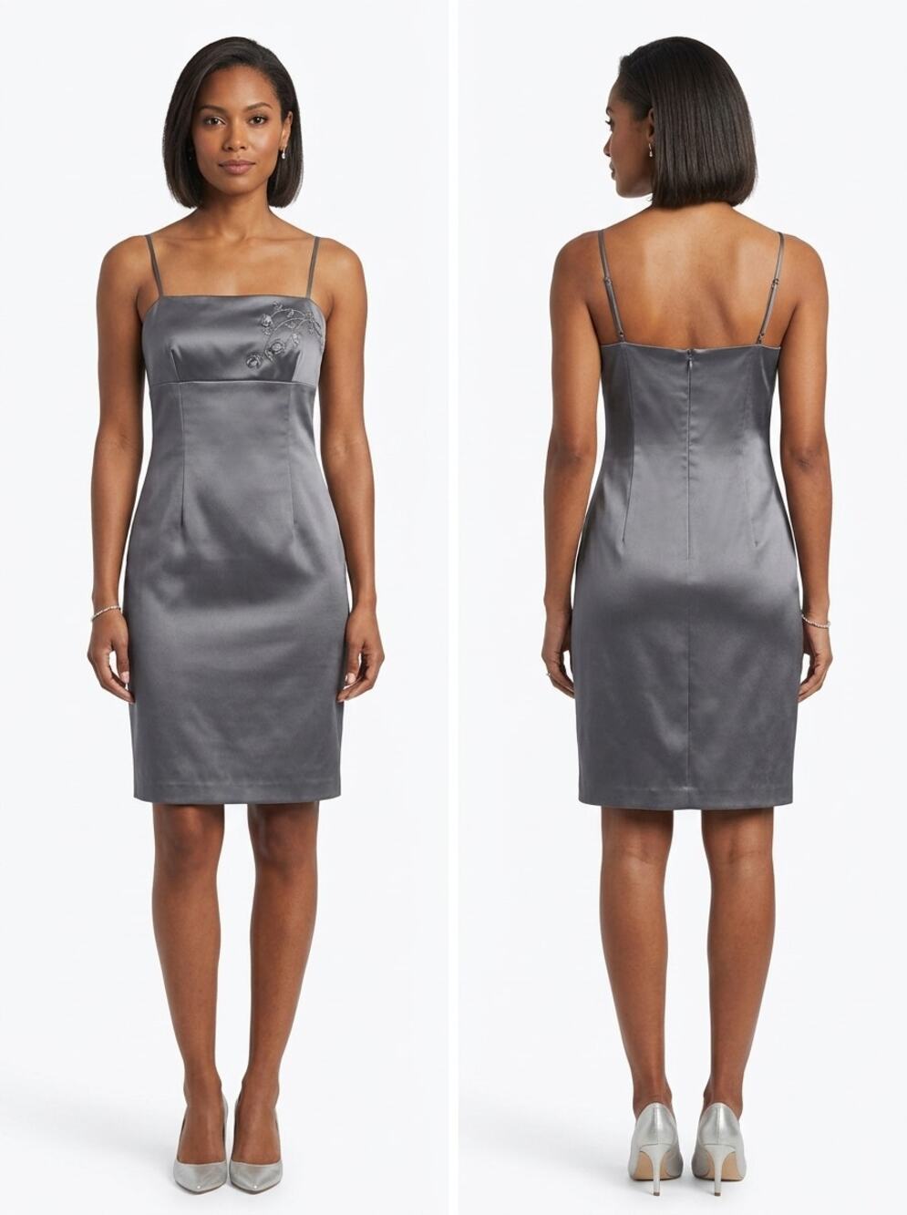 Evolution 186-4587 Satin Beaded Spaghetti Strap Sheath Dress Women Size 1